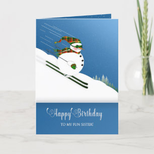 Tarjeta Cumpleaños, Hermana, Feliz Hombre De Nieve Esquian