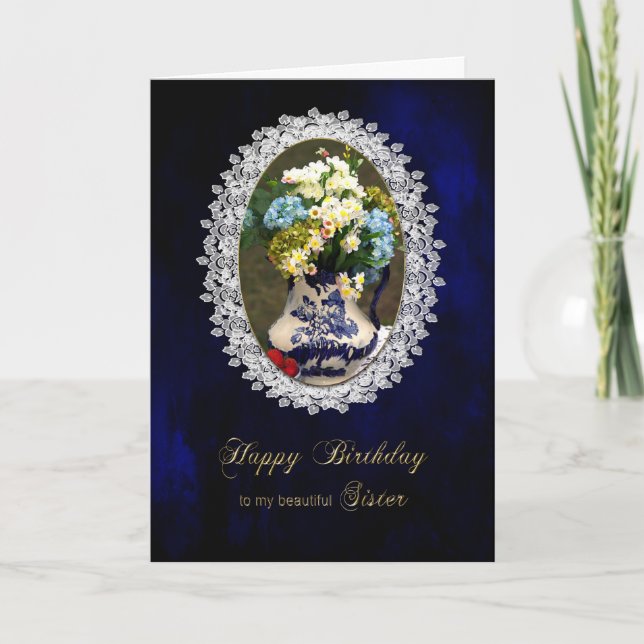 Tarjeta CUMPLEAÑOS, HERMANA, florero azul/blanco antiguo, (Anverso)