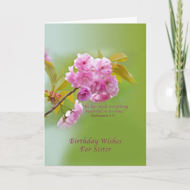 Tarjeta Cumpleaños, hermana, flores de cerezo, religión (Anverso)