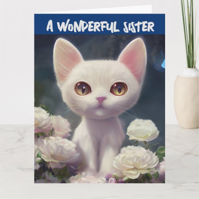 Tarjeta Cumpleaños Hermana Gato Blanco Tarjetas (Anverso)