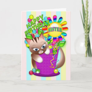 Tarjeta Cumpleaños - Hermana - Gato Kitty Celebrando