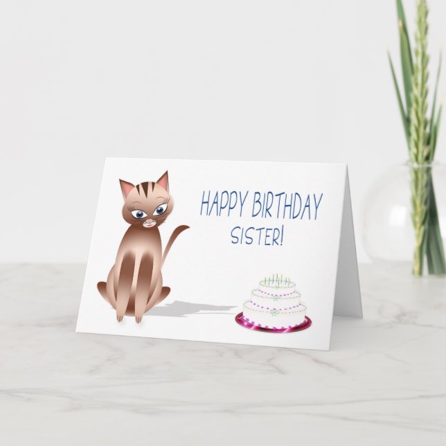 Tarjeta CUMPLEAÑOS - Hermana - Gato Kitty - Pastel (Anverso)