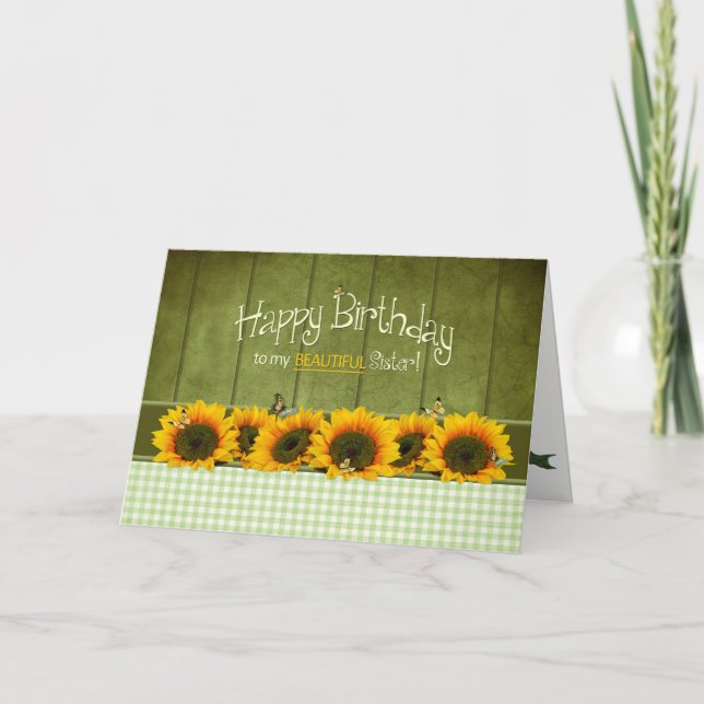 Tarjeta Cumpleaños - Hermana - girasoles y mariposas (Anverso)
