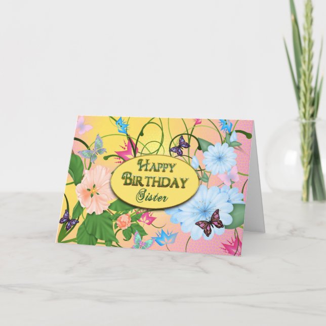 TARJETA CUMPLEAÑOS - HERMANA - MARIPOSAS/FLORES (Anverso)