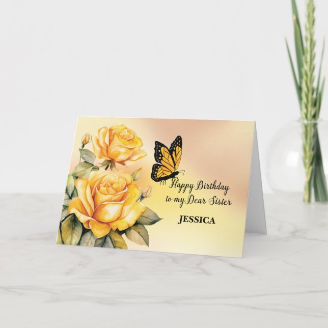 Tarjeta Cumpleaños Hermana Rosas Amarillas Mariposa Monarc (Anverso)