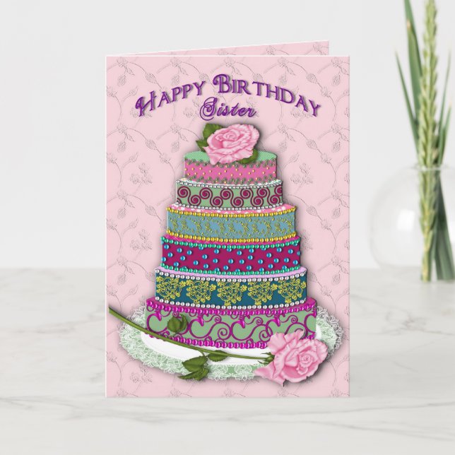 TARJETA CUMPLEAÑOS - HERMANA - TORTA ADORNADA (Anverso)