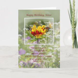 Tarjeta Cumpleaños, hermana, tulipán y mariposa, religión