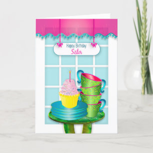 Tarjeta Cumpleaños, hermana, ventana y tarta y tazas