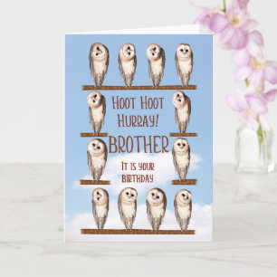 Tarjeta Cumpleaños hermano, búhos curiosos