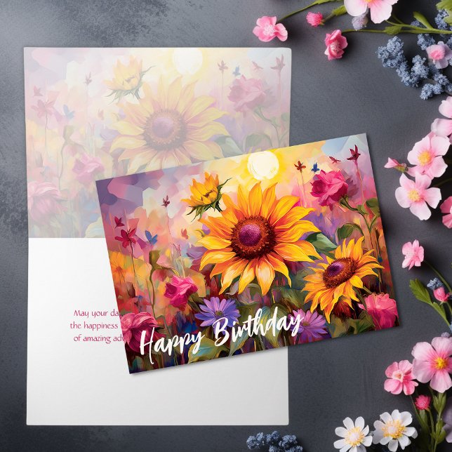 Tarjeta Cumpleaños hermoso con girasoles y flores colorida (Pretty Sunflowers with Colorful Flowers Birthday Card)