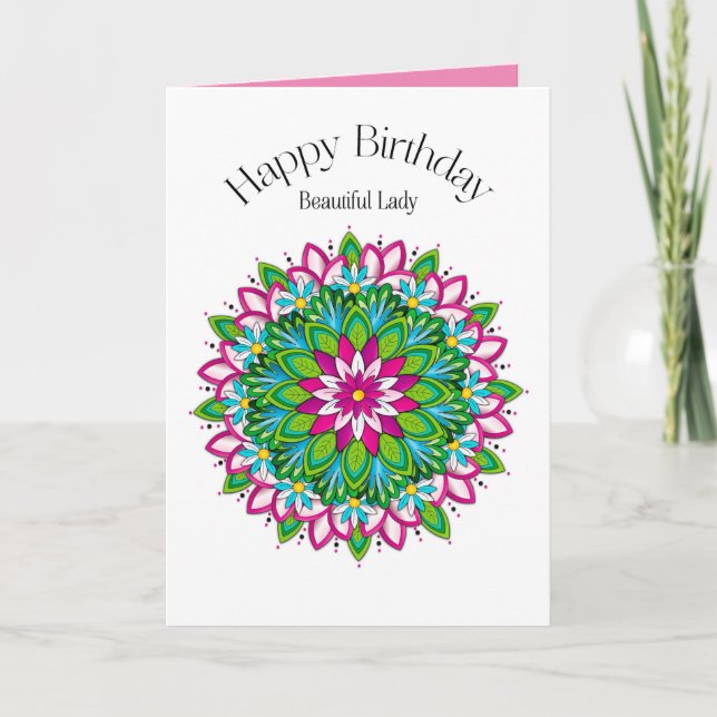 Tarjeta Cumpleaños Hermoso Lady Colorful Floral Motif (Anverso)