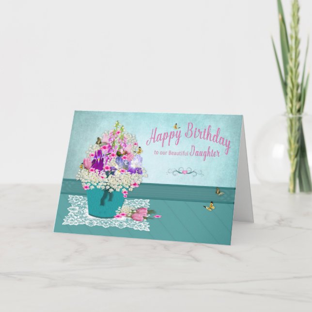 Tarjeta Cumpleaños - Hija - Cubo de flores de jardín (Anverso)