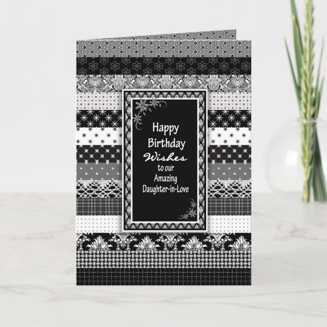 Tarjeta Cumpleaños, Hija-en-Derecho, Capas Negras/Blancas (Anverso)