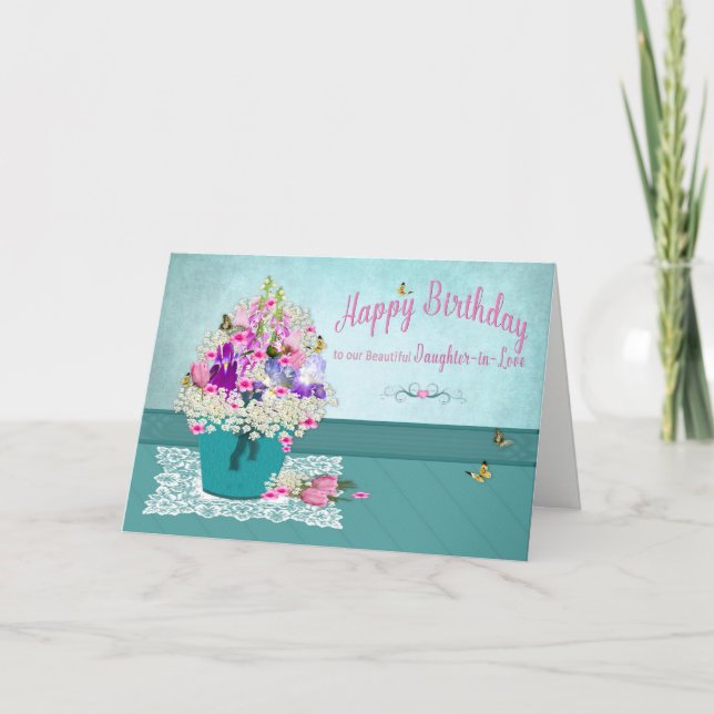Tarjeta Cumpleaños - Hija en el amor - Cubo de flores (Anverso)