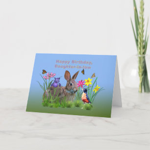 Tarjeta Cumpleaños, Hija en l, Conejo, Mariposas, Robin