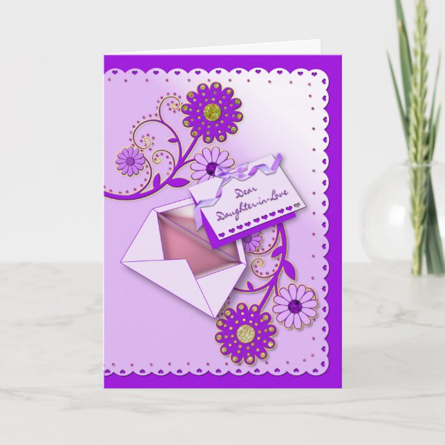 Tarjeta Cumpleaños - Hija en la ley - Morado/Flores/Carta (Anverso)