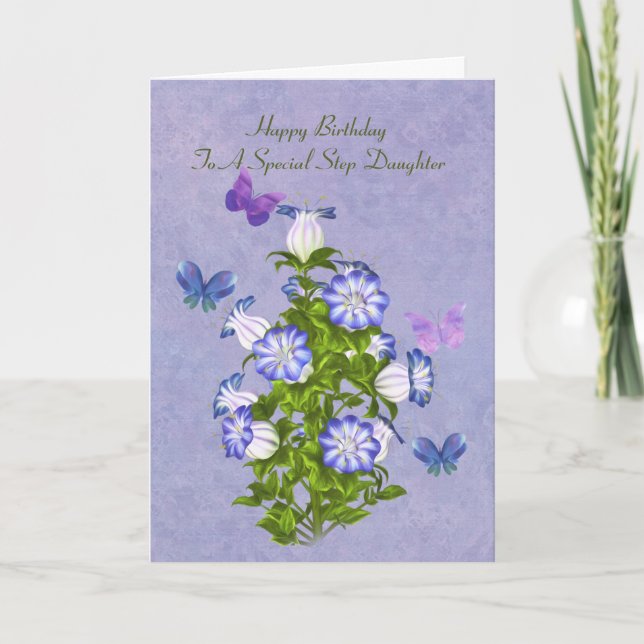 Tarjeta Cumpleaños, Hija Escalera, Mariposas y Flores (Anverso)