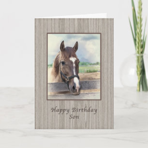 Tarjeta Cumpleaños, hijo, caballo marrón con brillo