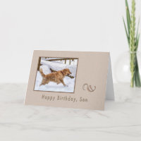 Cumpleaños, hijo, perro recuperador de oro en niev