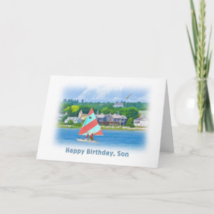 Tarjeta Cumpleaños, hijo, velero en un lago, náutico