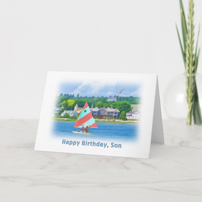 Tarjeta Cumpleaños, hijo, velero en un lago, náutico (Anverso)