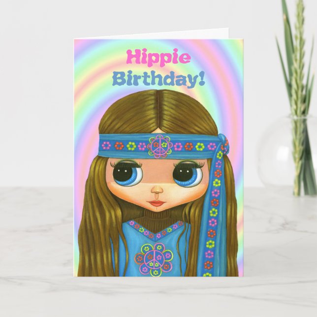 Tarjeta ¡Cumpleaños hippie! Cute Blue Hippie Chica Doll Ca (Anverso)