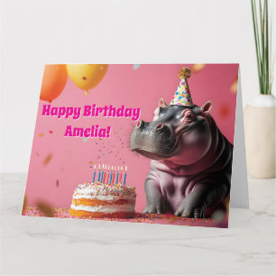 Tarjeta Cumpleaños Hippo con pasteles y globos
