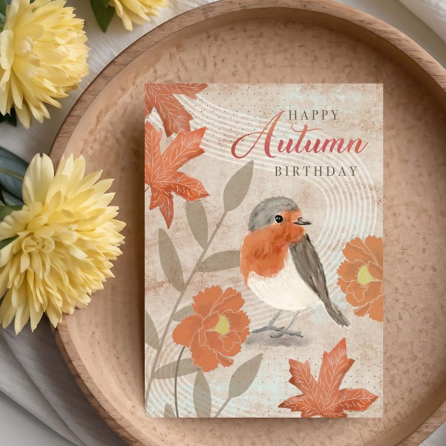 Tarjeta Cumpleaños Hojas de Otoño Flores y Petirrojo  (Subido por el creador)