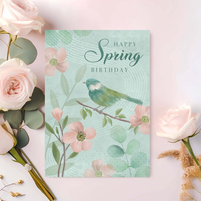 Tarjeta Cumpleaños Hojas de Primavera Flores y Pájaro  (Subido por el creador)