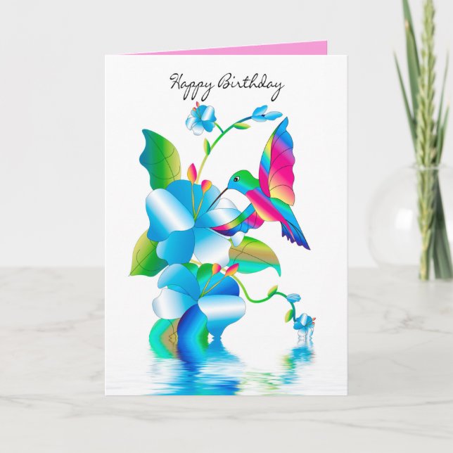 Tarjeta Cumpleaños, Hummingbird y Flores Kaleidoscope (Anverso)