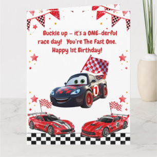 Tarjeta Cumpleaños infantil con coche de carreras rojo y n