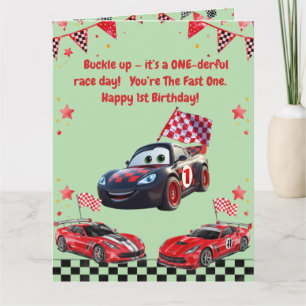 Tarjeta Cumpleaños infantil con coche de carreras rojo y n