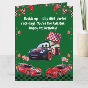 Tarjeta Cumpleaños infantil con coche de carreras rojo y n