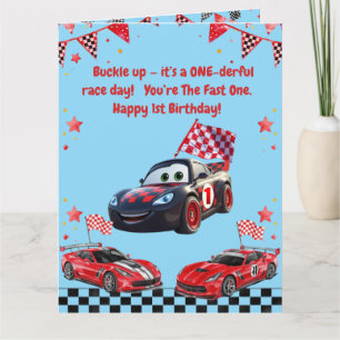 Tarjeta Cumpleaños infantil con coche de carreras rojo y n