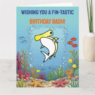 Tarjeta Cumpleaños infantil de tiburón martillo amarillo l