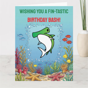 Tarjeta Cumpleaños infantil de tiburón martillo verde lind