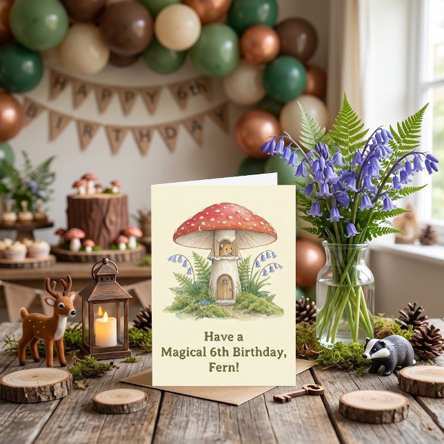 Tarjeta Cumpleaños infantil Fairycore Ratón Hongo (Fairy House Magic Mouse Mushroom Fern Bluebell illustration Child's Birthday Card for kids)