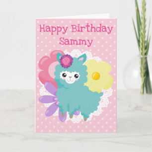 Tarjeta Cumpleaños Infantil Llama Floral Pastel Adorable