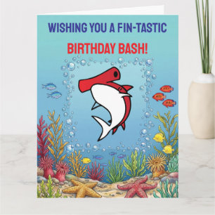 Tarjeta Cumpleaños infantil tiburón martillo rojo adorable