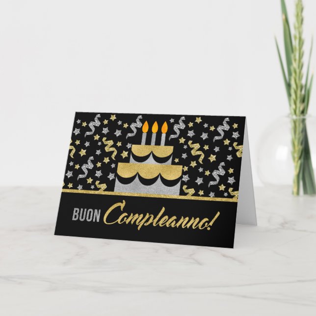 Tarjeta Cumpleaños ITALIANO en Purpurina de Faux Gold y Si (Anverso)