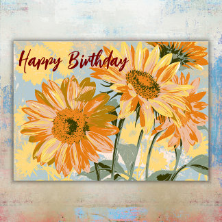 Tarjeta Cumpleaños Jardín Floral Girasoles Amarillos Retro