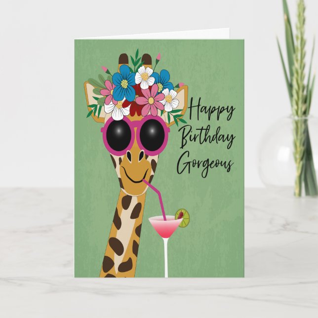 Tarjeta Cumpleaños jirafa hermosa con flores y gafas de so (Anverso)