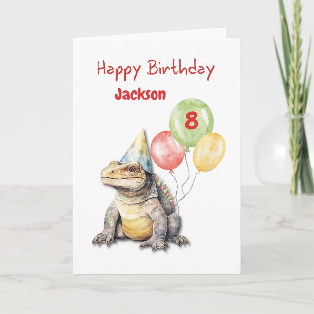 Tarjeta Cumpleaños Komodo Dragon Lizard Fiesta Gorras Glob (Anverso)