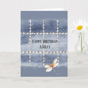 Tarjeta Cumpleaños Libélula Crema Café Vaqueros Azules Fal