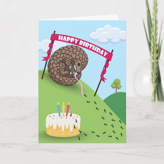 Tarjeta Cumpleaños lindo con Pangolin y hormigas enrollada (Anverso)