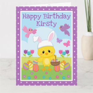 Tarjeta Cumpleaños lindo de Pascua de primavera con pollit