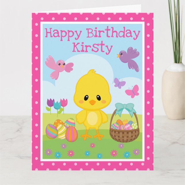 Tarjeta Cumpleaños lindo de Pascua de primavera con pollit (Anverso)