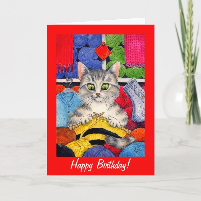 Tarjeta Cumpleaños lindo del gato que hace punto o (Anverso)