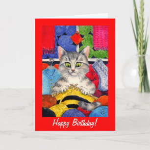 Tarjeta Cumpleaños lindo del gato que hace punto o