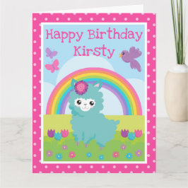 Tarjeta Cumpleaños Lindo Llama Floral de Primavera Verde A